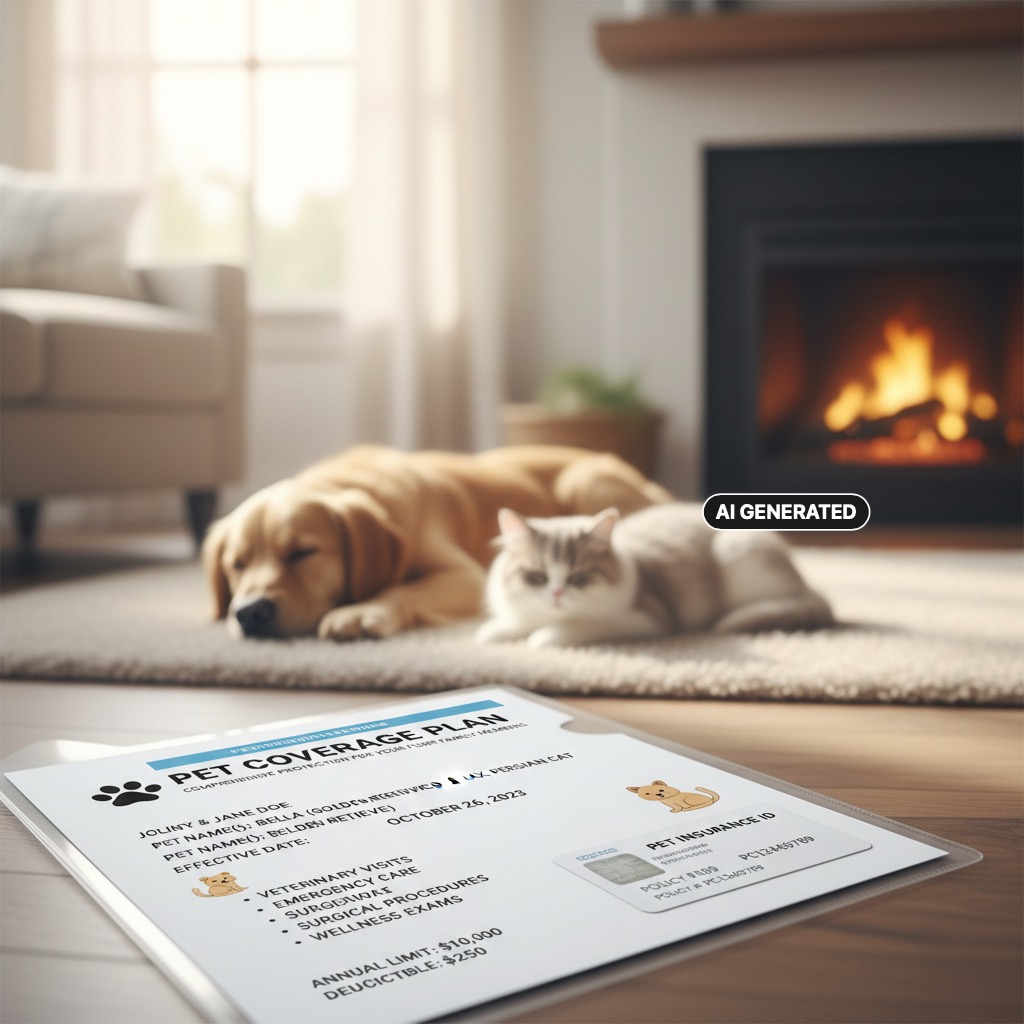 AI Generated: A pet insurance coverage plan document sits in the foreground while a dog and cat sleep peacefully on a rug in a cozy living room.