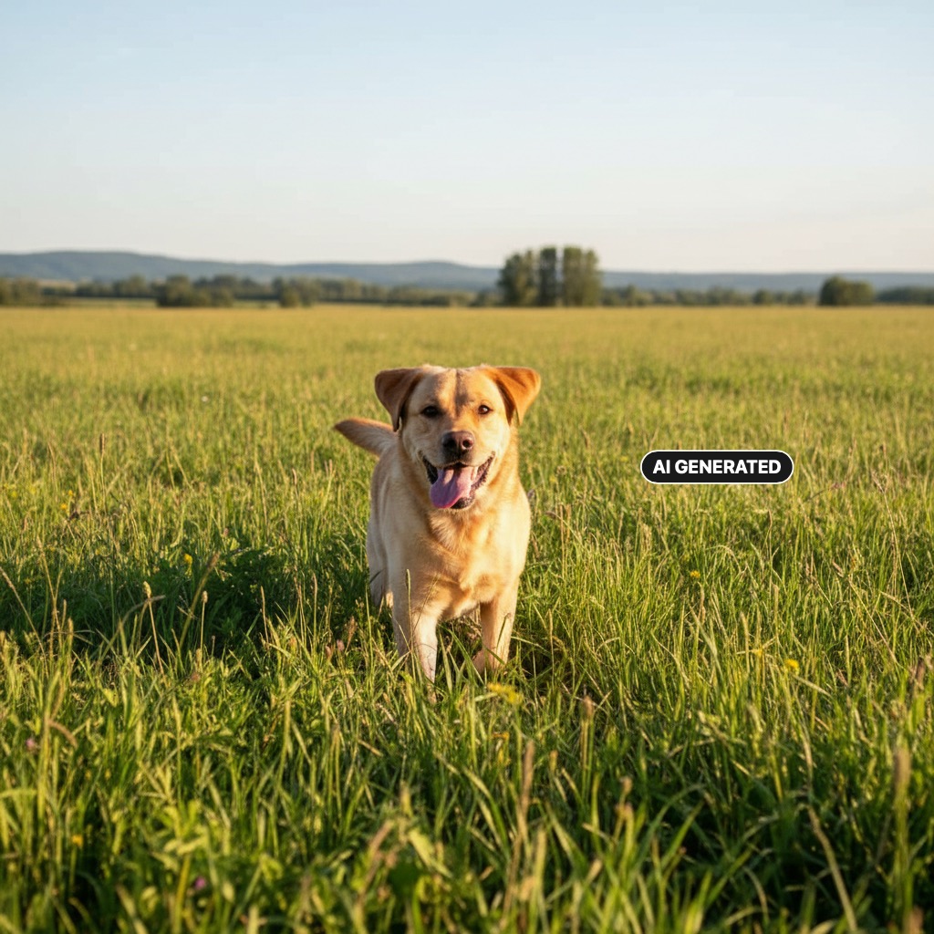 AI Generated: A yellow Labrador retriever stands panting with its tongue out in a sunny grassy field.